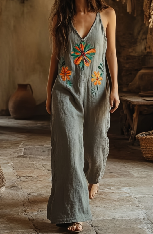 V-neck Sleeveless Jumpsuit For Women, Loose Fit, Wide Legs, Vacation Style.