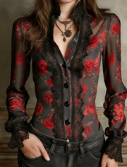 Women's Retro Sweet And Cool Style Lace Patchwork V-Neck Slim Fit Long Sleeve Shirt