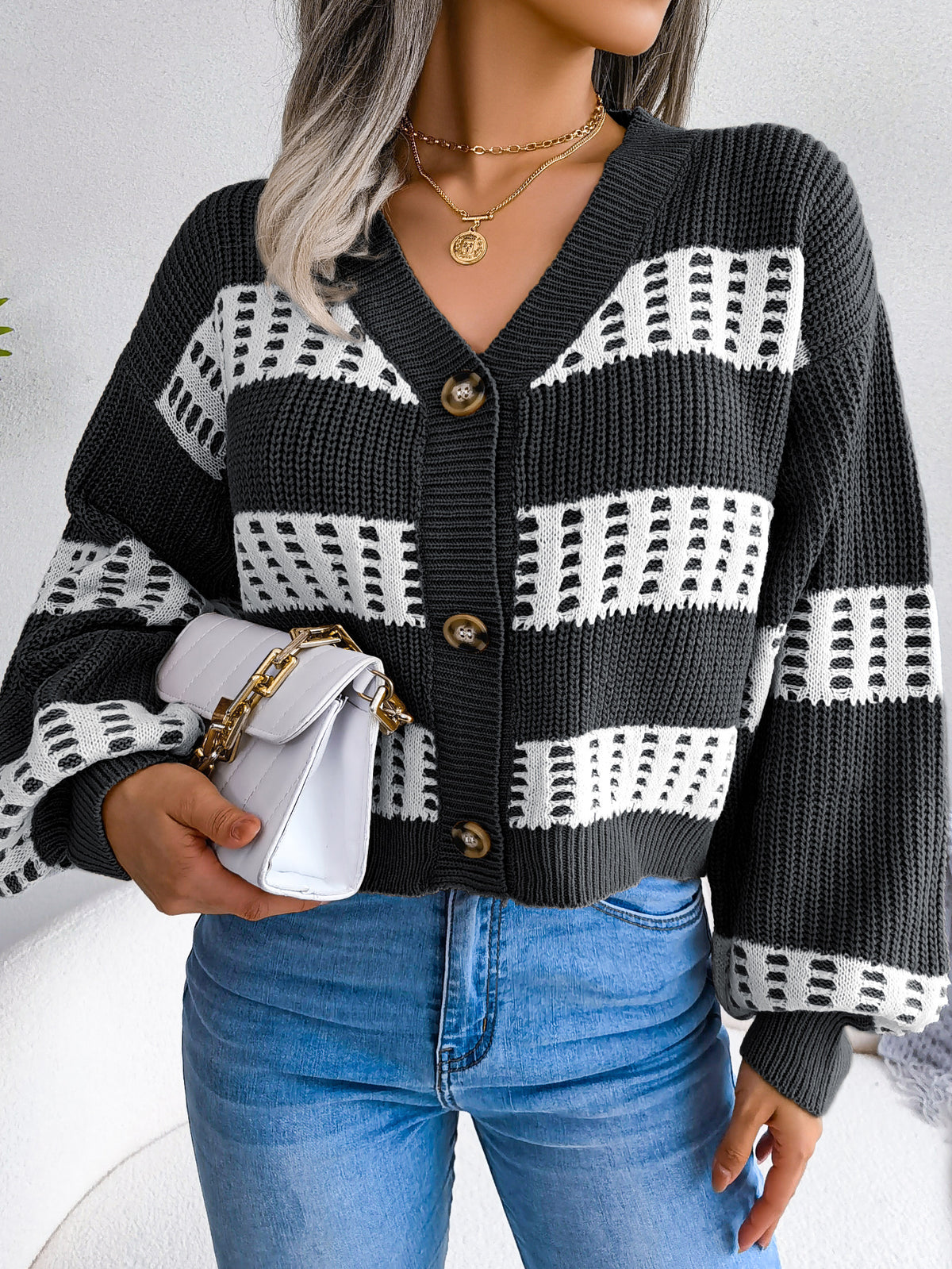Women Designer Color Block Lantern Sleeve Cardigan Sweater Coat