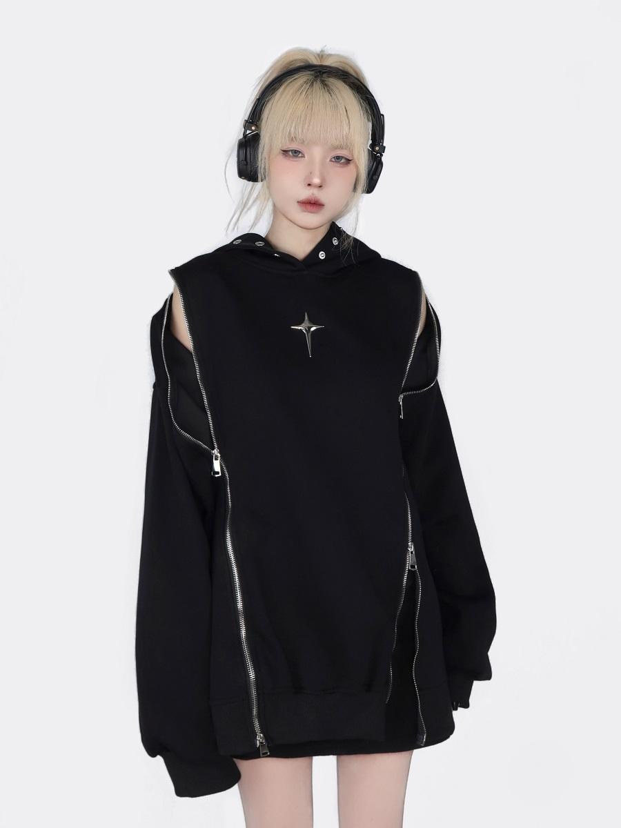 Edgy Cold-Shoulder Hollow Out Zip-Up Hoodie