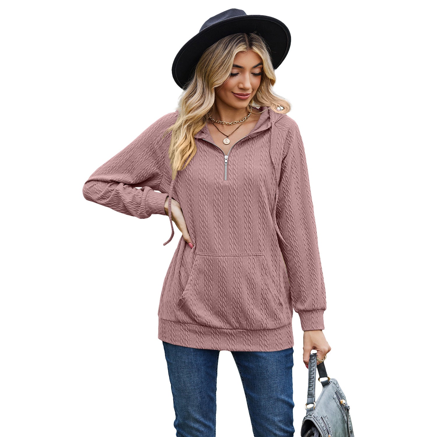Cozy Solid Color Hooded Zip Sweatshirt for Women
