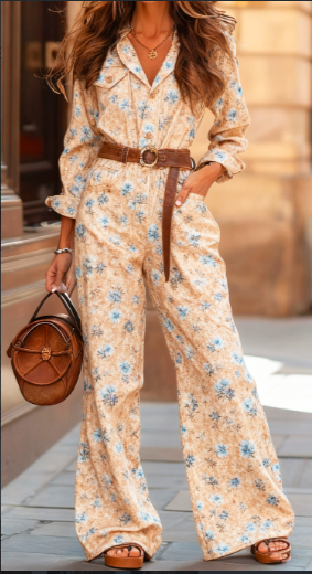 Waist-Cinched Wide-Leg Long-Sleeve Jumpsuit Set