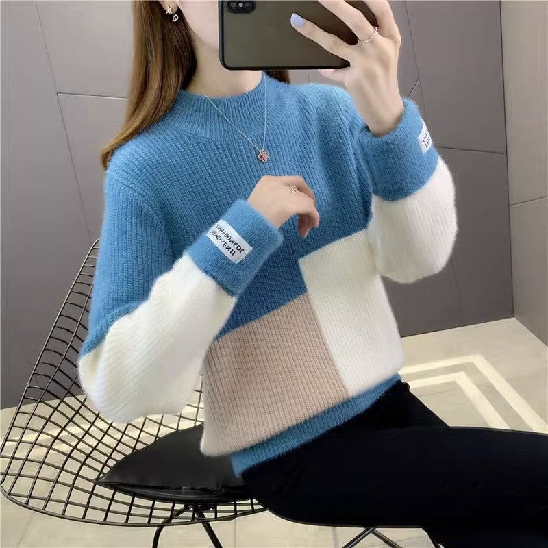 Womens High-waisted Colorblock Mink-blend Sweater