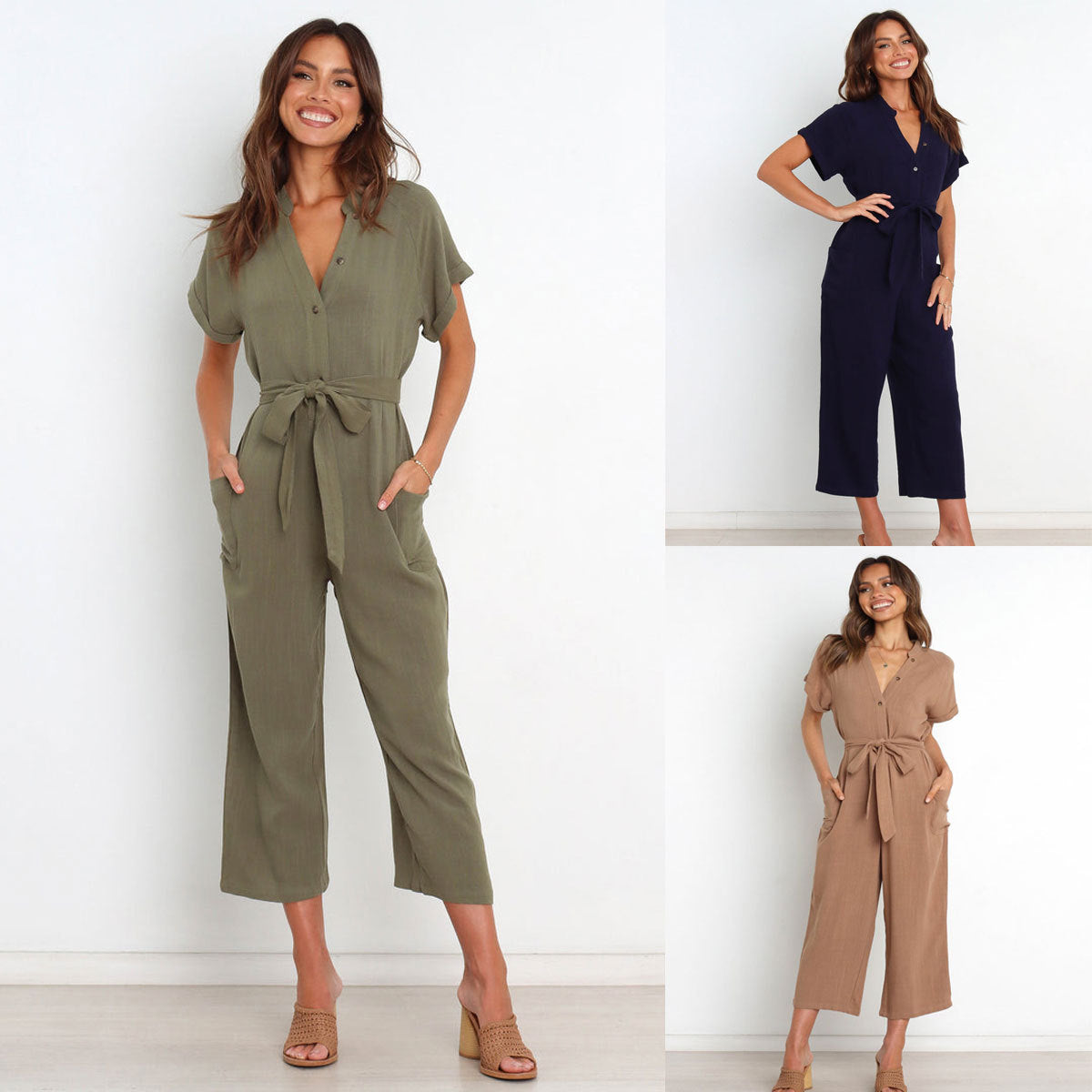 V-Neck Cropped Wide-Leg Jumpsuit for Women