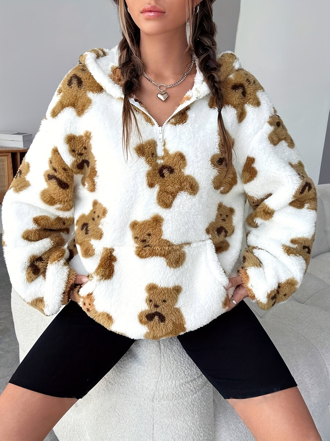 Cute Bear Print Plush Casual Sweatshirt for Women