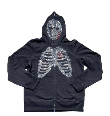 Unisex Printed Rhinestone Zip-Up Hooded Cardigan