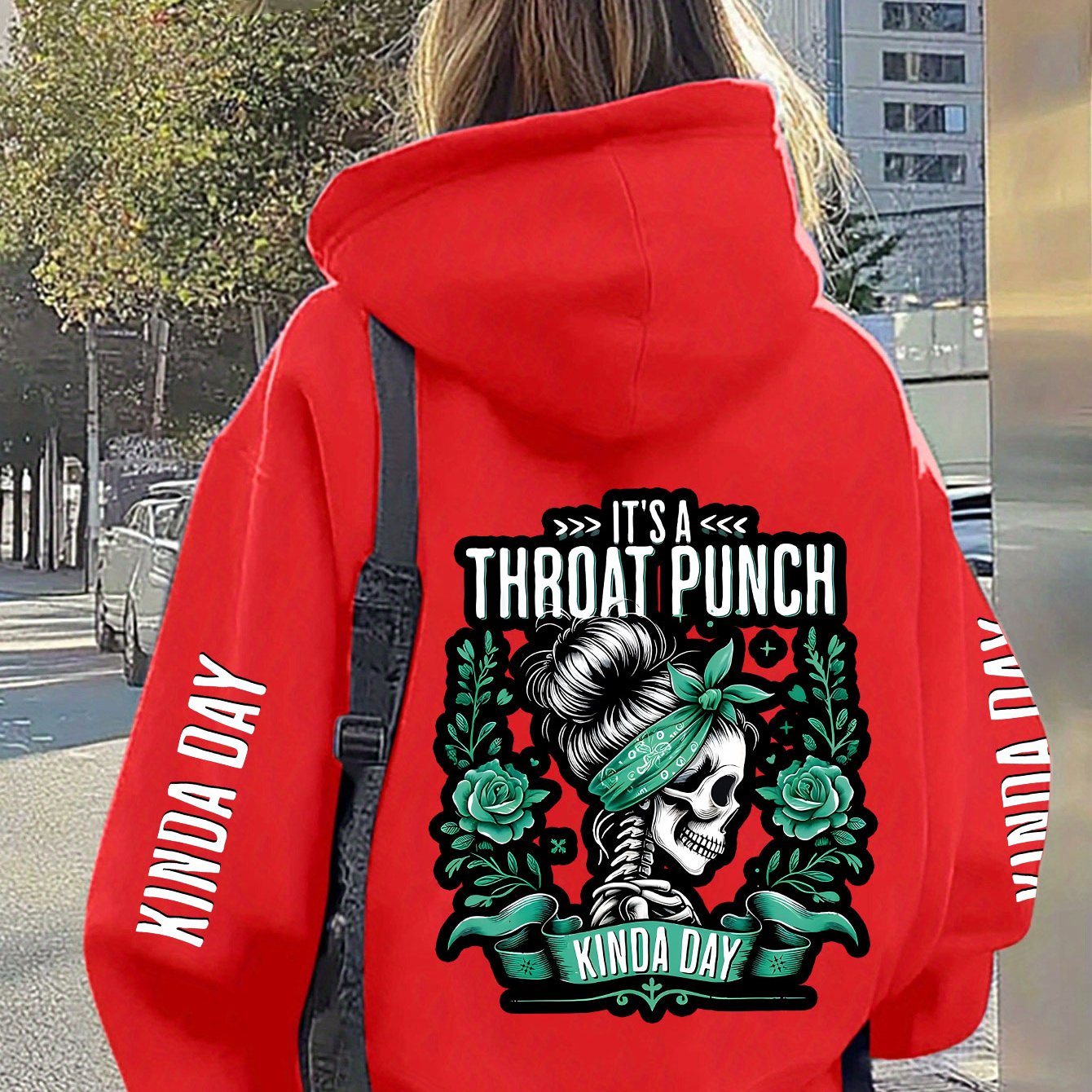 Large Hooded Sweatshirt with Green Rose Skull and American Retro Print