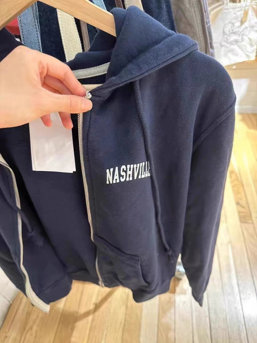 Women's Letter Print Zip-Up Hooded Slimming Cardigan