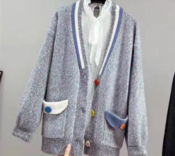 Womens Loose-fitting Outerwear Sweater with Contrasting-color Pockets