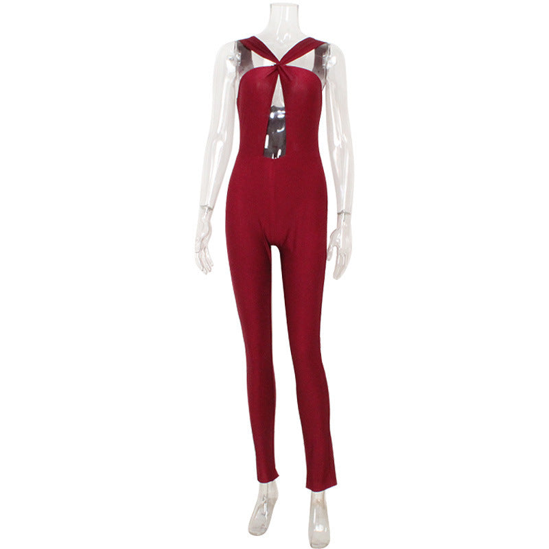 Chic French Drapey High-Waist Straight-Leg Jumpsuit