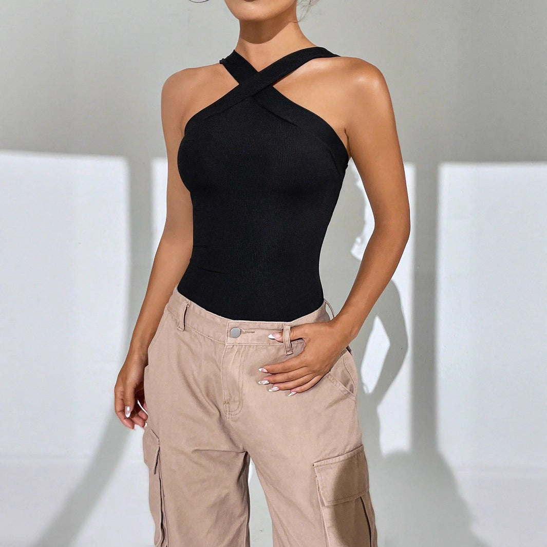 Women's Sleeveless Halter Knit Romper