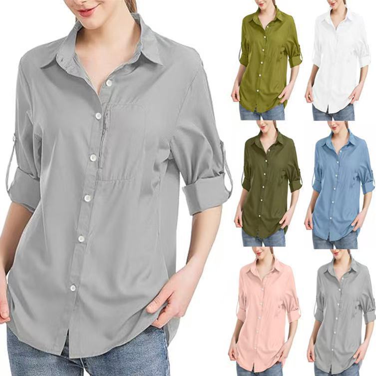 Women's Solid Color Business Lapel Zipper Pocket Long Sleeve Shirt