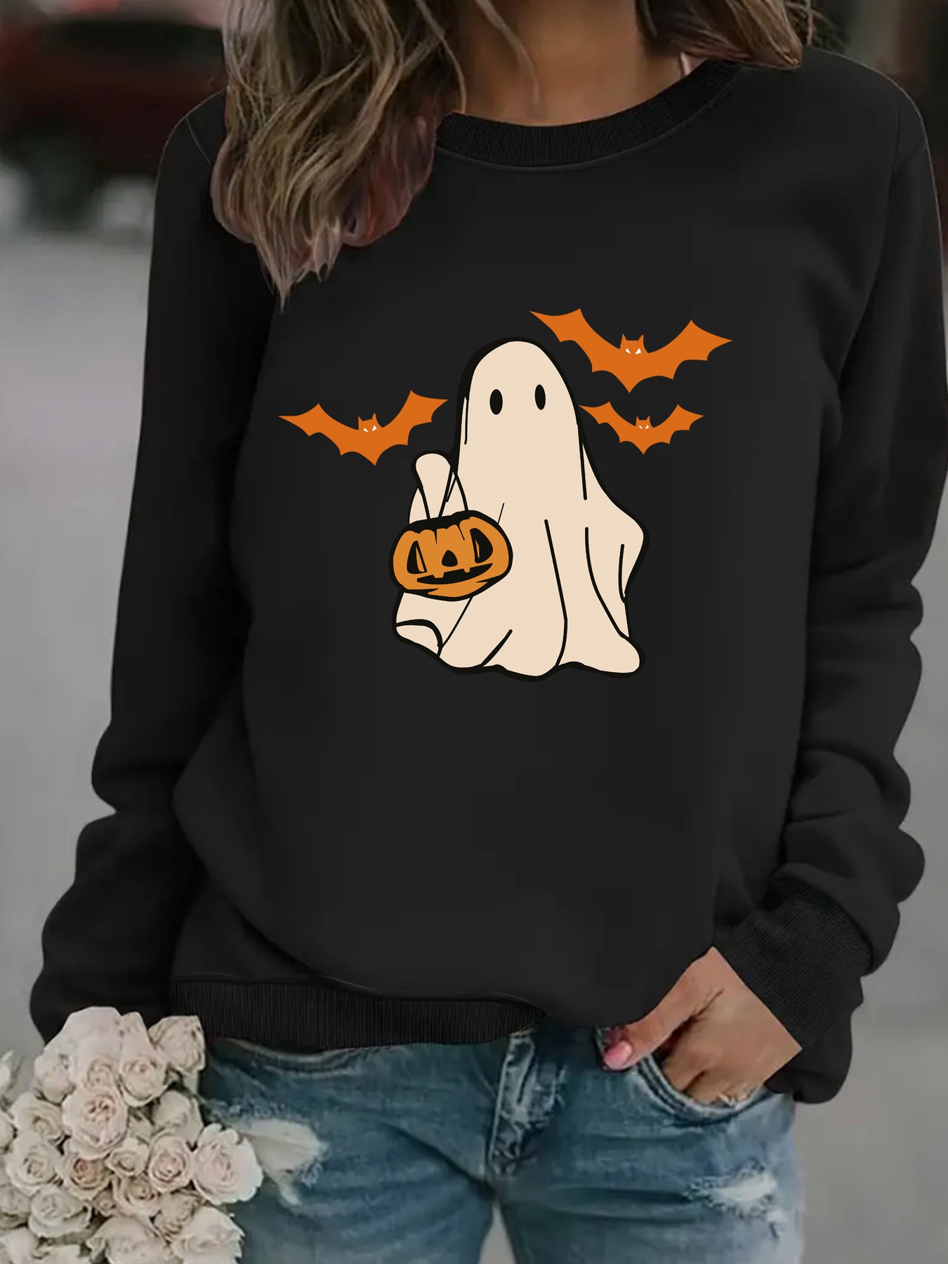 Spooky Cute Ghost Print Halloween Pullover Sweatshirt