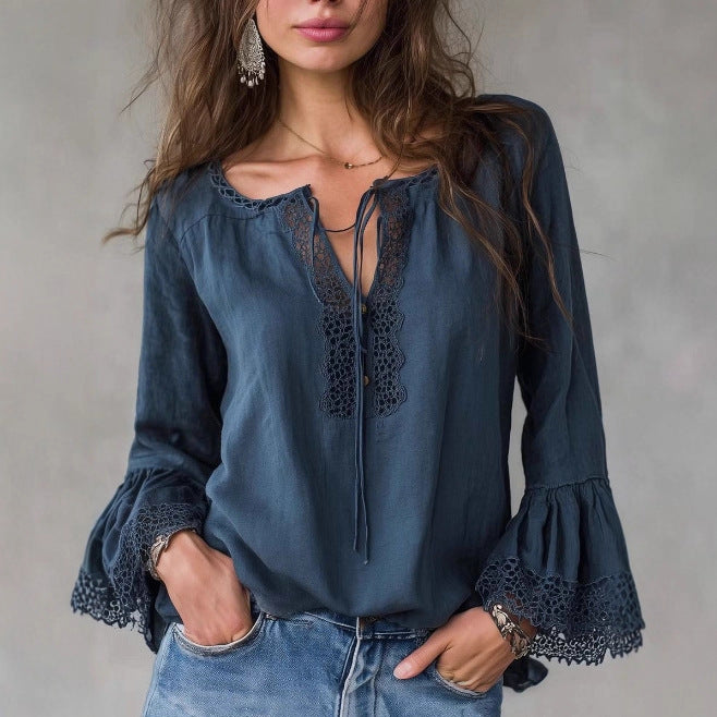 Vintage Lace-Trimmed Long Sleeve Shirt – Effortless Chic & Comfort