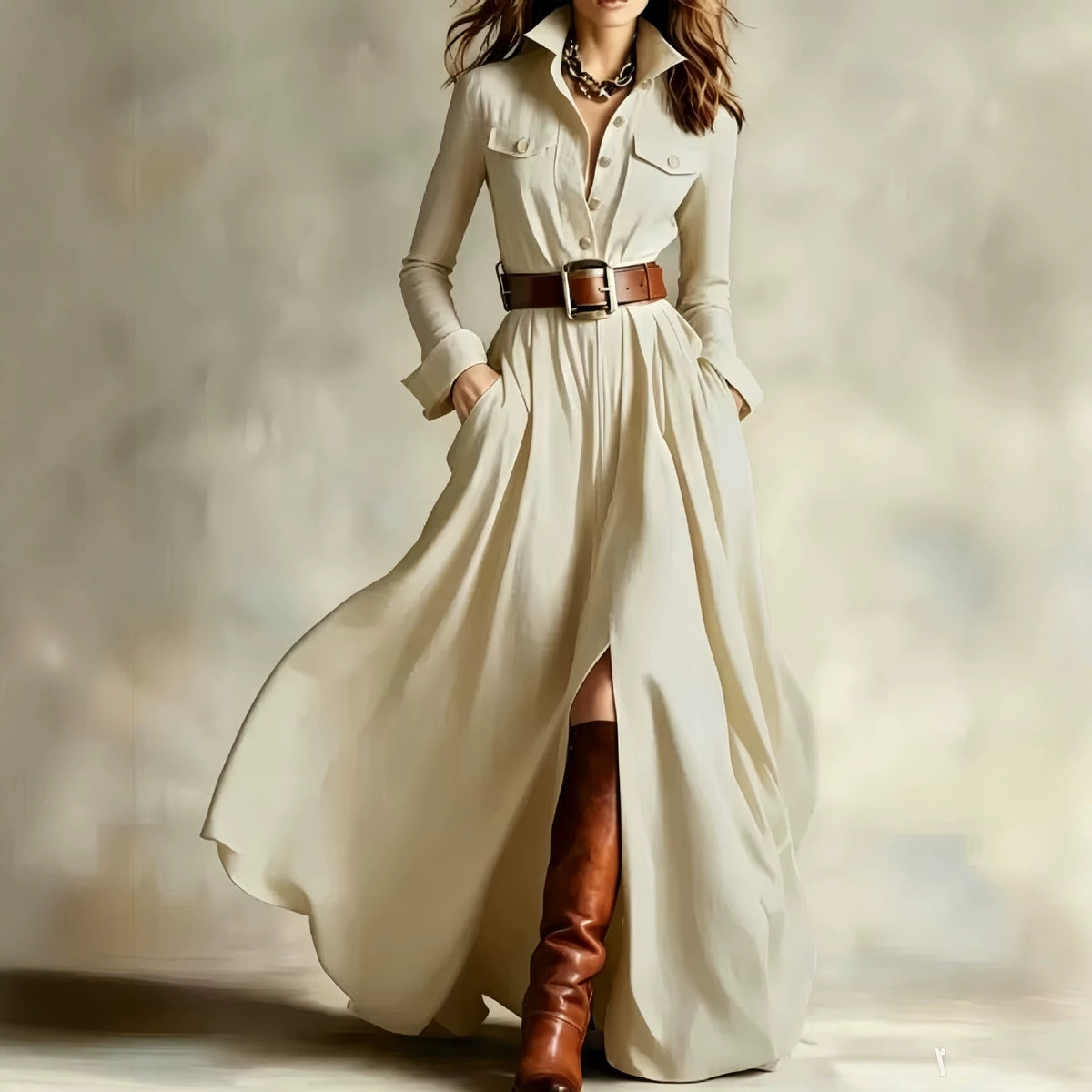 Women's Asymmetrical Pleated Midi Dress with Belt