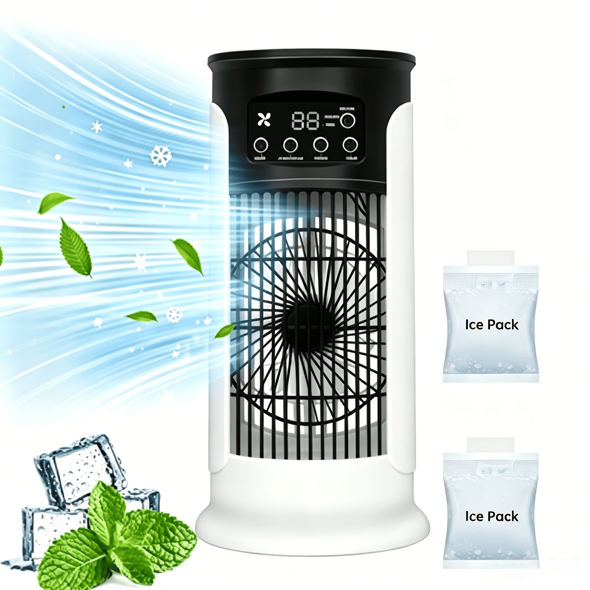 Portable 3-in-1 Cooling Breeze Hub – Personal Humidifier, Evaporative Cooler, and Turbo Fan with 11.8 oz Tank and Reusable Ice Packs