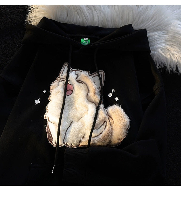 Cute Embroidered Kitten Fleece-Lined Hooded Sweatshirt