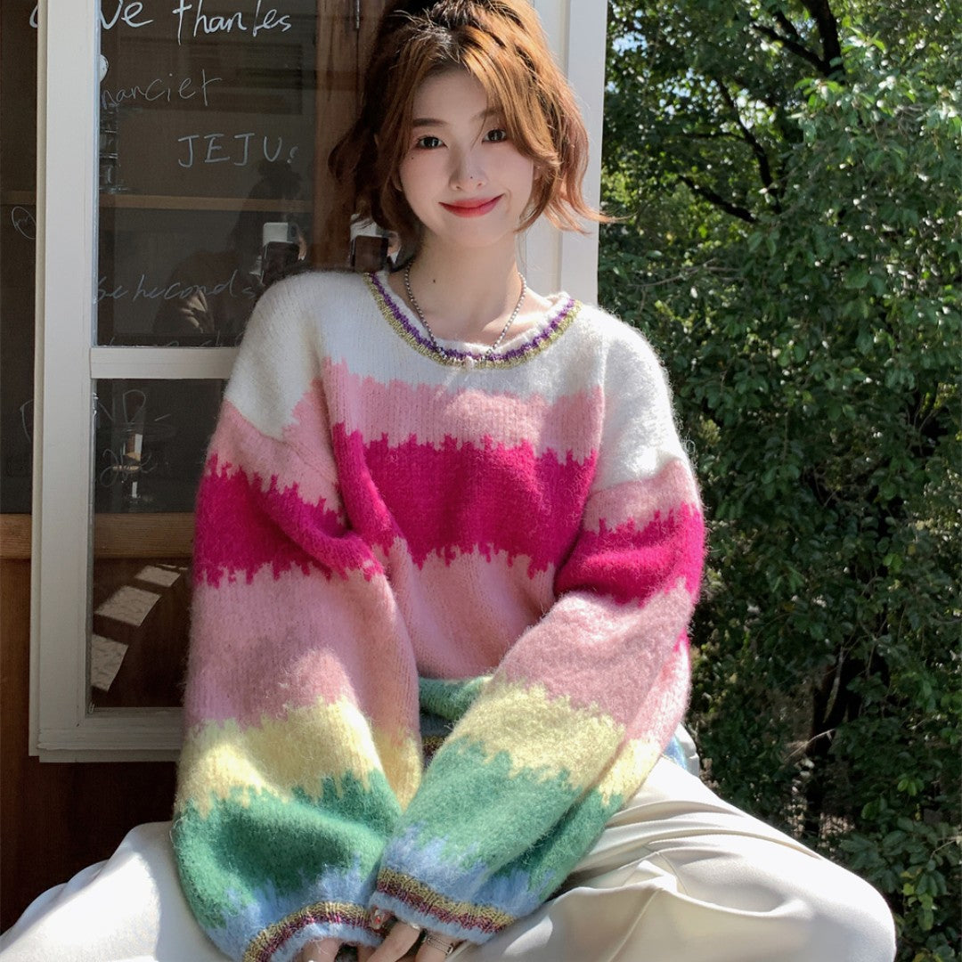 Rainbow Stripe Oversized Pullover Sweater for Women
