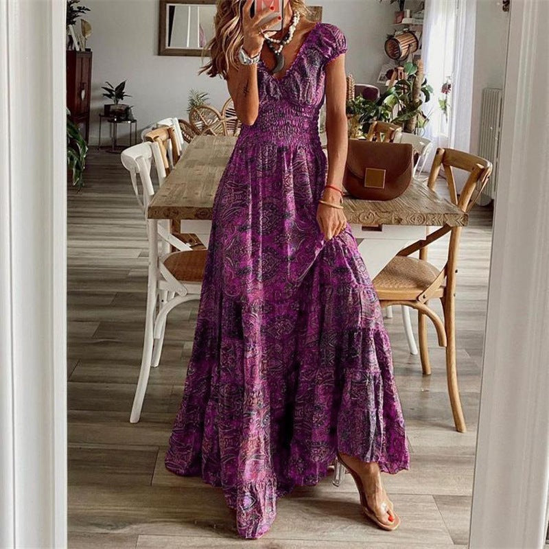 Bohemian Floral Print Cinched Waist Summer Dress