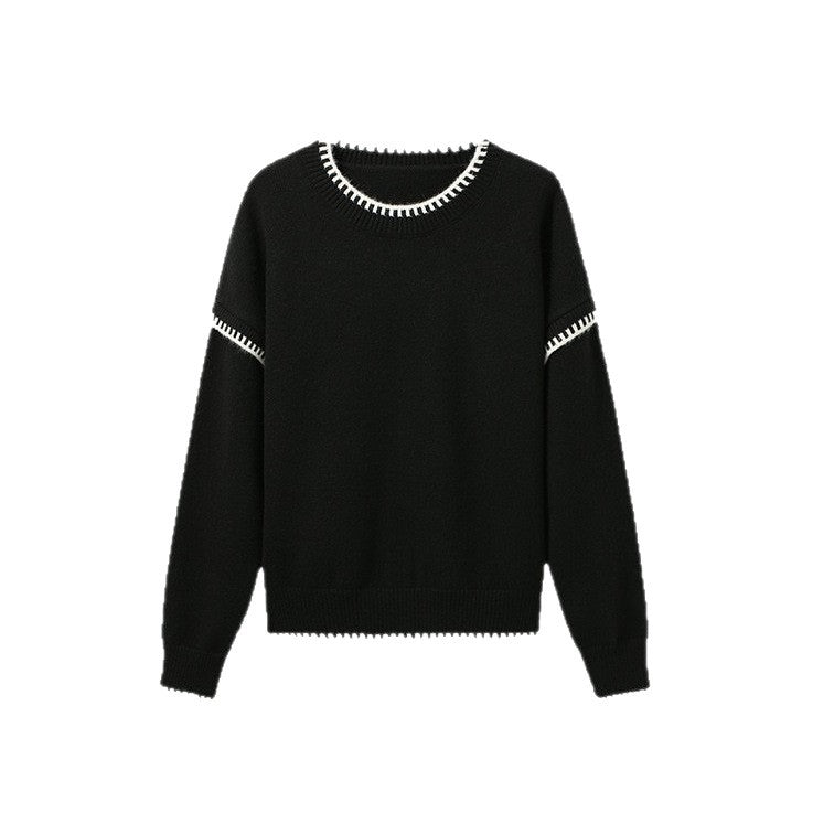 Womens Crew-neck Color-block Sweater