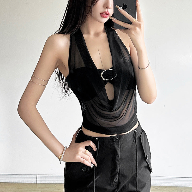 Sheer Mesh Bandeau & Halter Vest Two‑Piece Lingerie Set