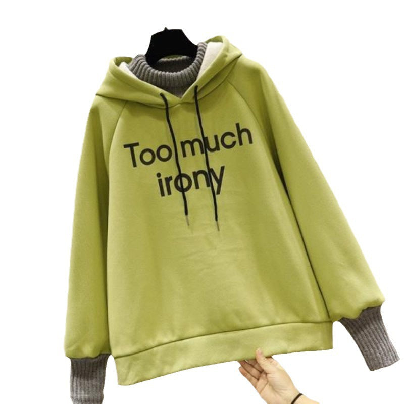 Fleece-Lined Letter Print Fake Two-Piece Hooded Sweatshirt