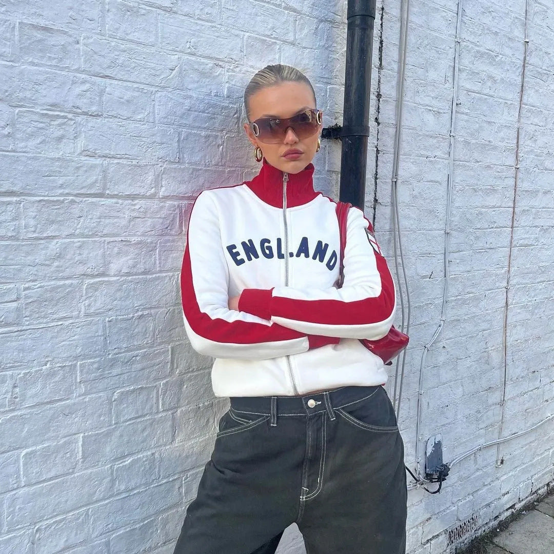 Contrast Color Streetwear Zip Hoodie for Women