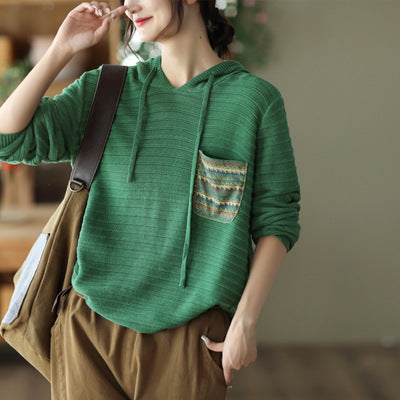 Casual Cotton Knitted Patch Hoodie for Women