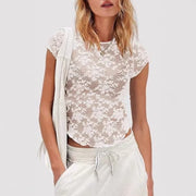 Sheer Mesh Short‑Sleeve Lace Top – Flirty Summer Blouse