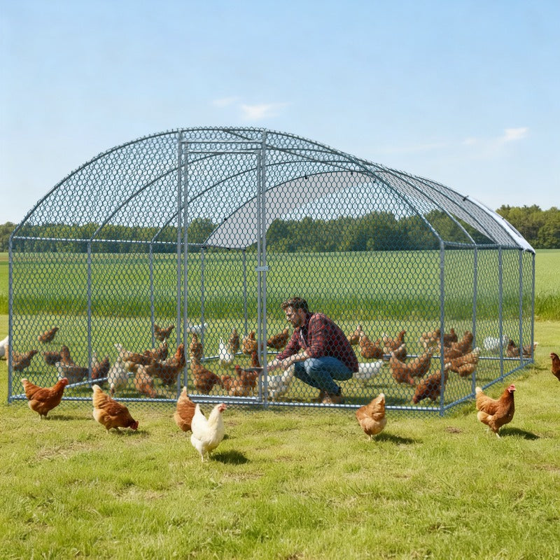 Silvery 4-Compartment Chicken and Rabbit Cage with Arched Roof – 7.8 m x 3 m x 1.9 m, PE Tarpaulin and Galvanized Pipe