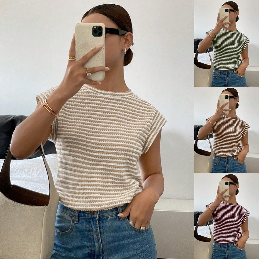 Women's Summer Striped Knit Crew Neck T-Shirt – Light, Breathable Fit