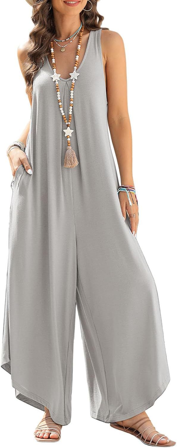 Women's Casual V-Neck Pocket Wide Leg Jumpsuit