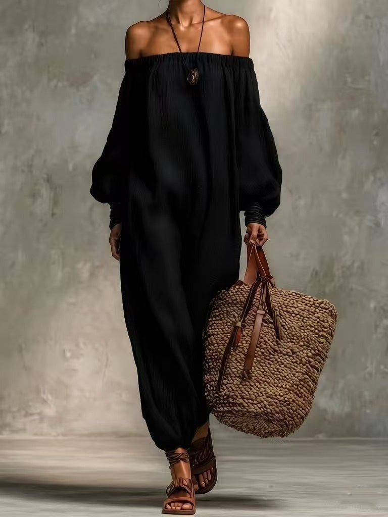 Summer Solid Colored Cotton Linen Off Shoulder Jumpsuit Harem Pants