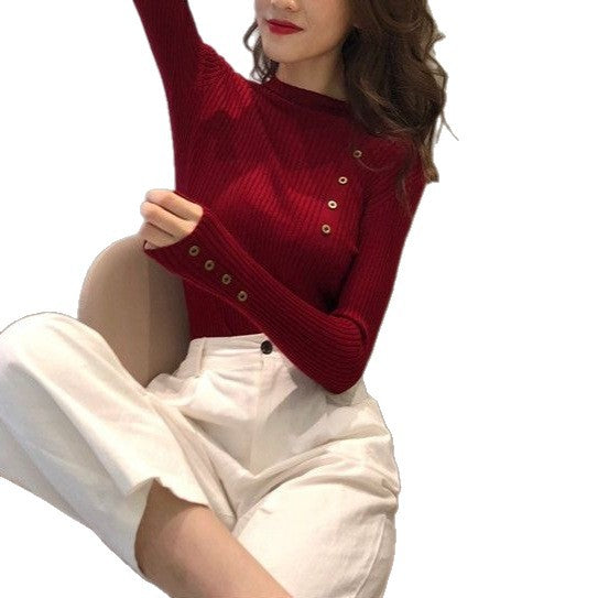 Autumn and Winter Button Half-high Collar Women's Sweater