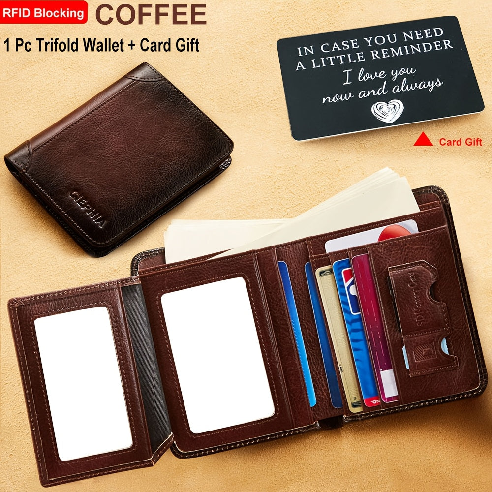 RFID Blocking Trifold Leather Wallet – Cowhide, Vintage Short Design with Money Clip and 2 ID Windows