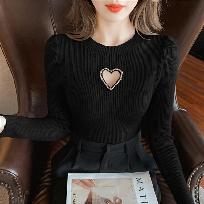 Women's Hollow Heart Beaded Slim-Fit Knit Pullover Sweater