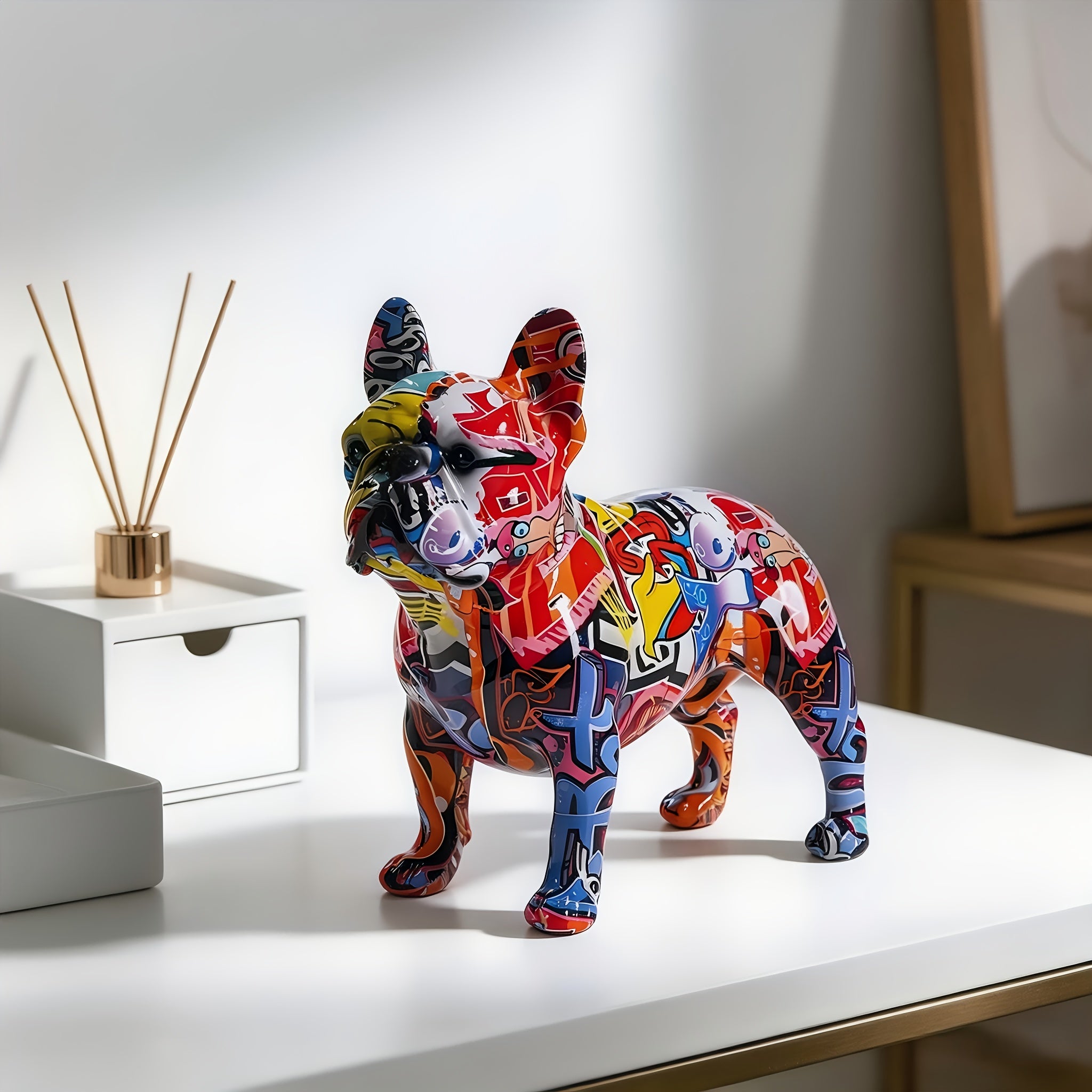 Graffiti-style resin French bulldog statue