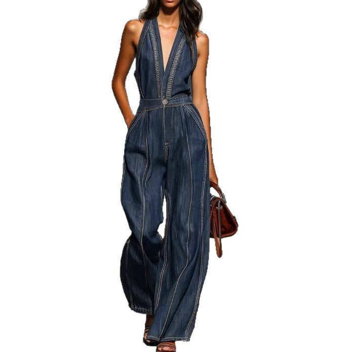 Retro Sleeveless Wide-Leg Denim Jumpsuit