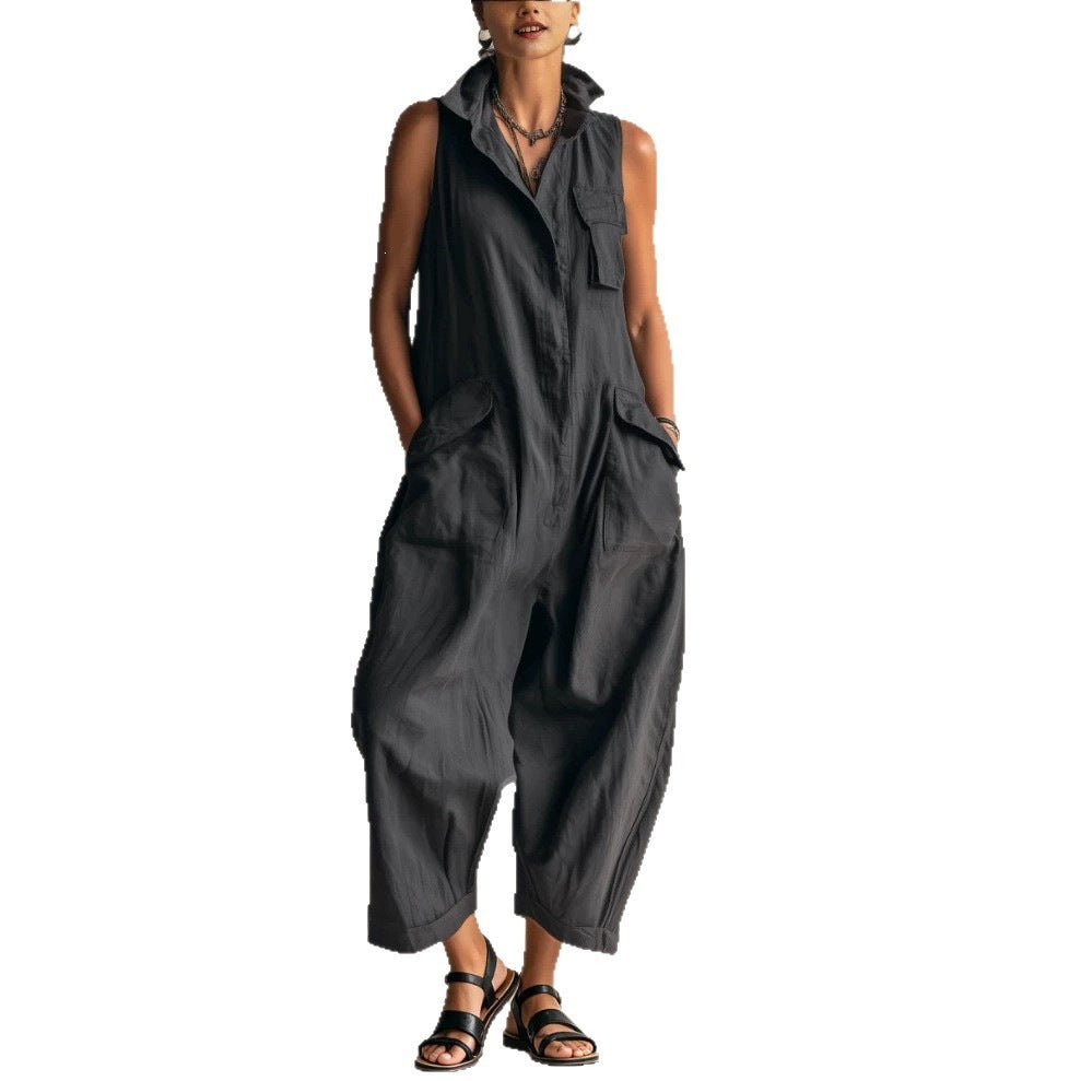 Casual Cotton Multi-Pocket Wide-Leg Jumpsuit