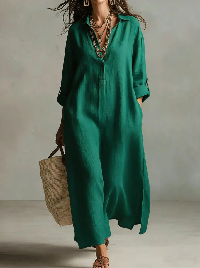 Chic French-Style Solid Long-Sleeve Shirt Dress