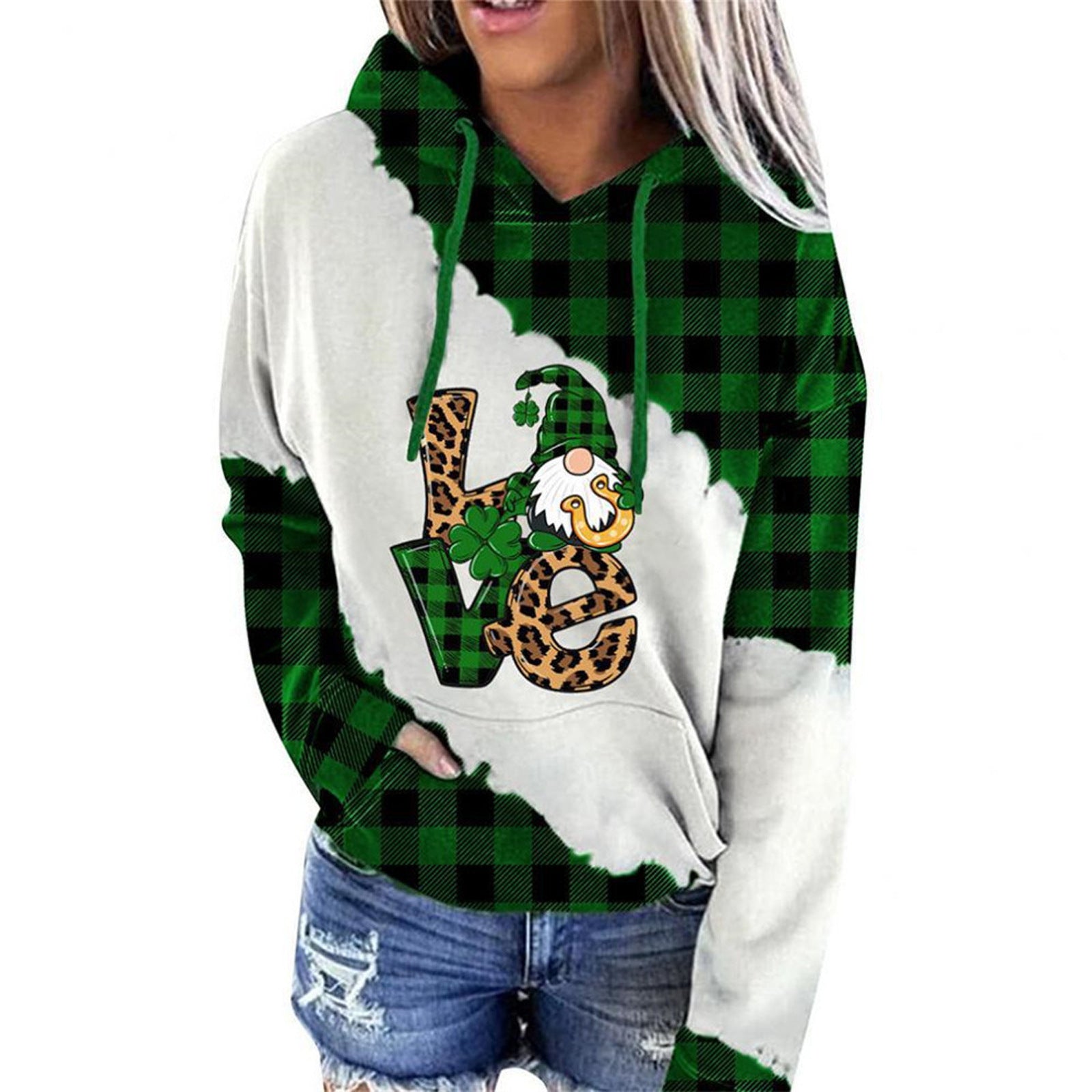 Lucky Clover Print Casual Loose Hooded Sweatshirt
