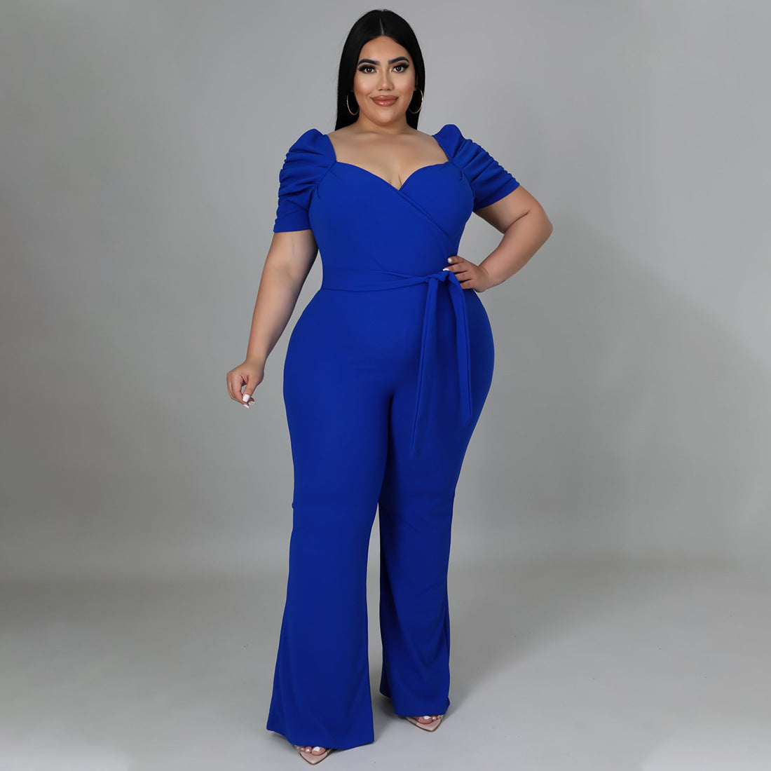 Women's Plus-Size Ruffle Sleeve High-Waist Wide-Leg Jumpsuit