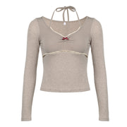 Halterneck Long-sleeved Women's Early Autumn Hot Girl Waist-tight Design Blouse