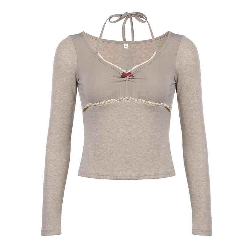 Halterneck Long-sleeved Women's Early Autumn Hot Girl Waist-tight Design Blouse