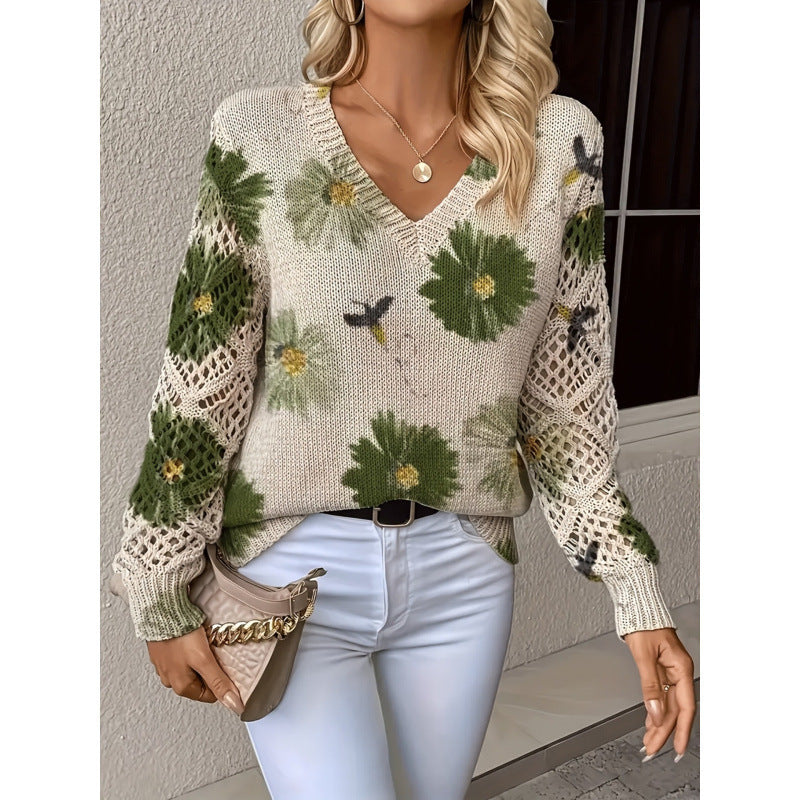 Elegant Bohemian Floral V-neck Long-sleeve Top