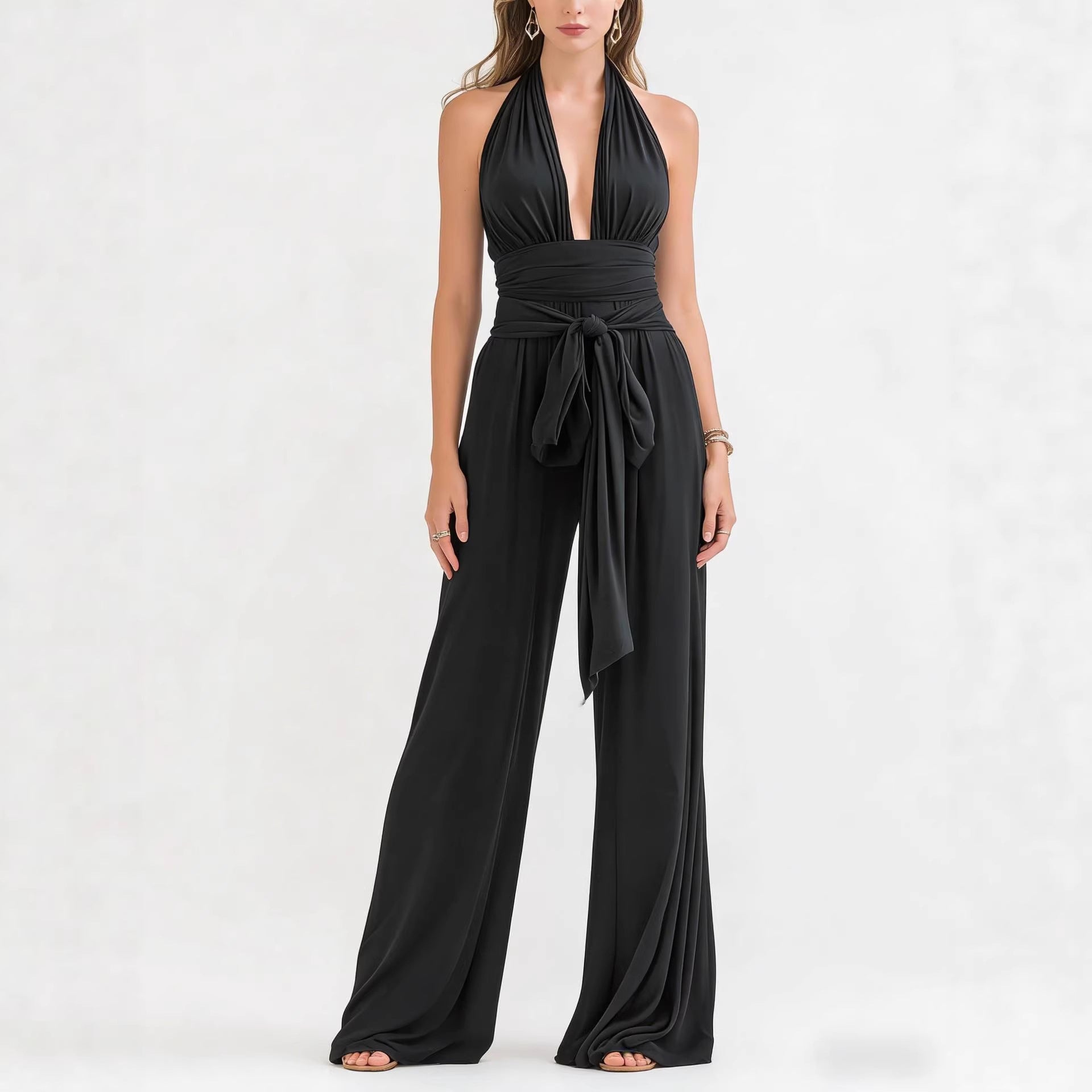 Halter-Neck V-Neck Solid Jumpsuit