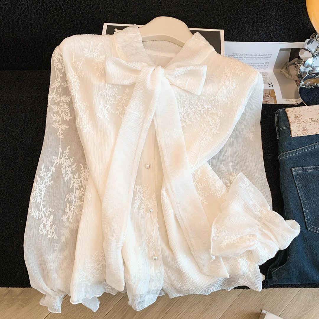 Elegant Lace Jacquard Blouse with Tied Laces – Apricot Long Sleeve