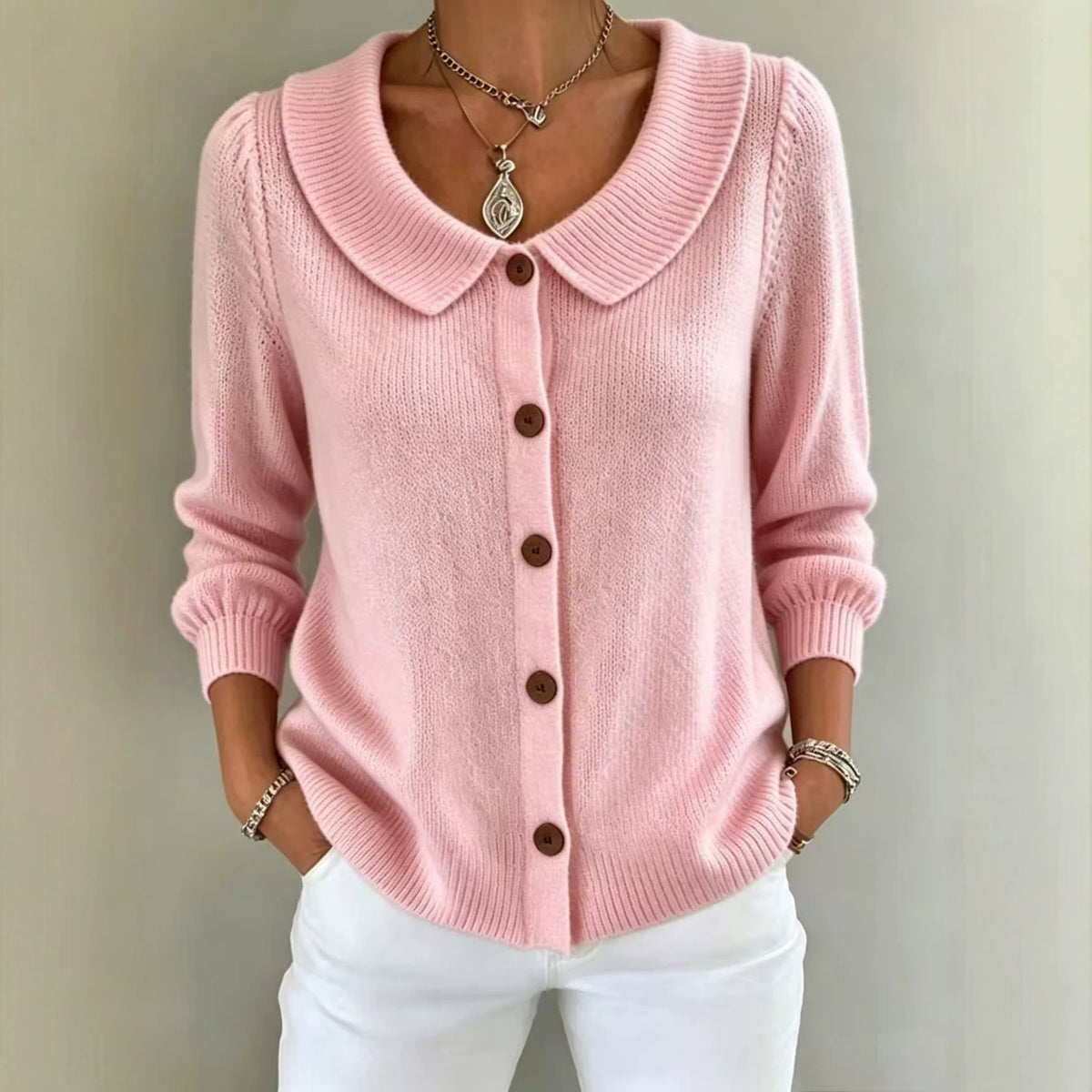 Womens Knitted Button-up Polo-neck Sweater
