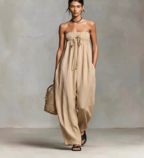 Women's Strapless Ruched Jumpsuit Summer Fashion Tie-up Loose Straight-leg Jumpsuit