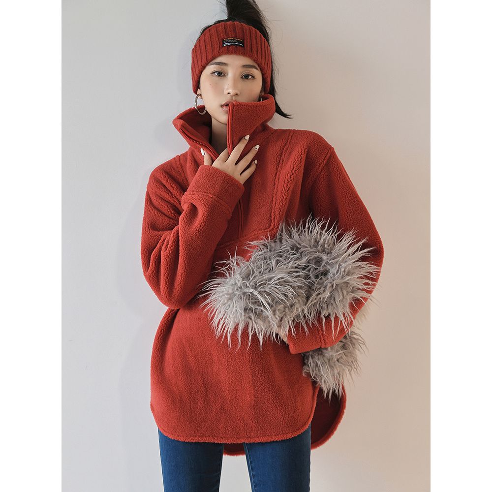 Winter Fleece-lined Zipped Stand Collar Coat Casual Loose-fitting Women's Sweater